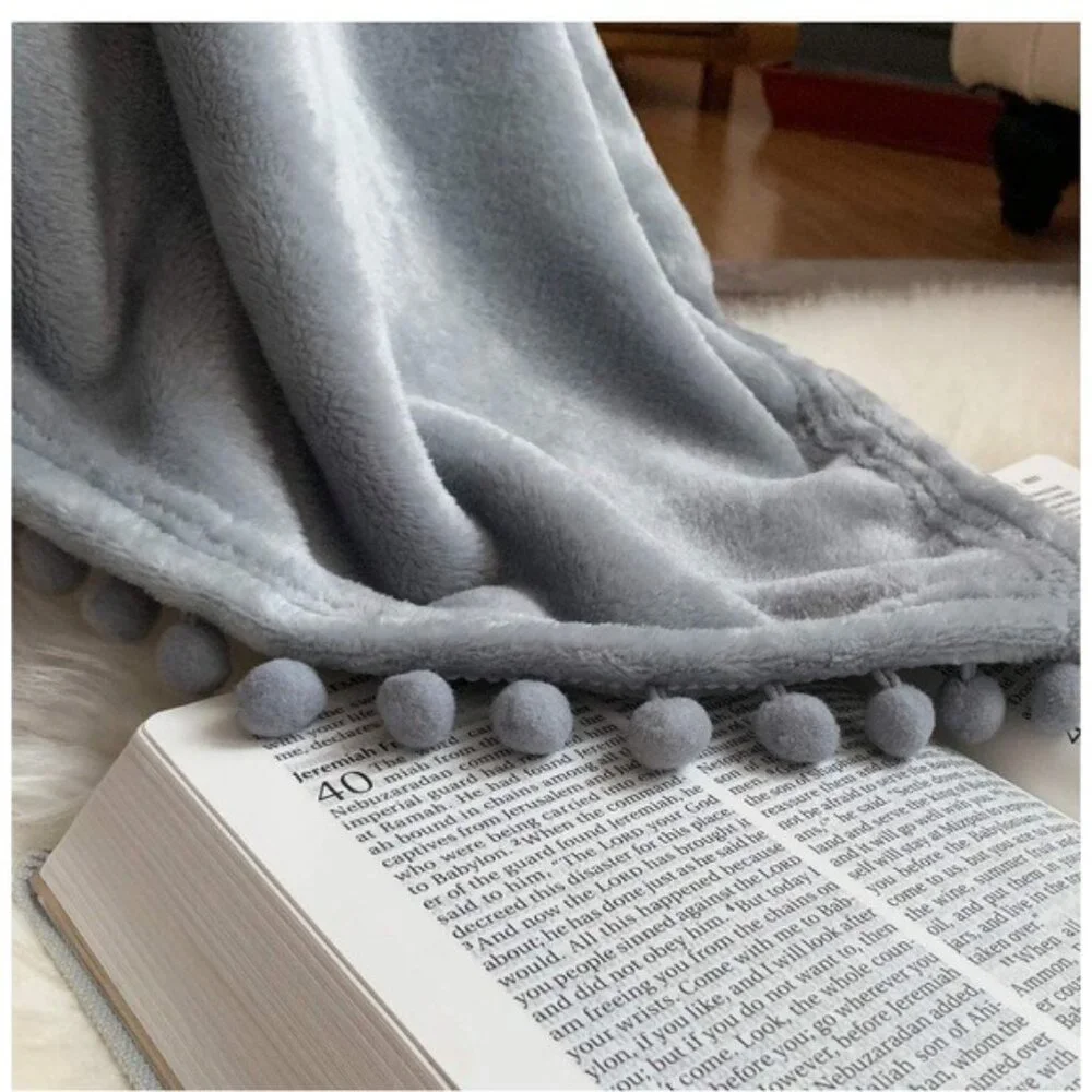 Light Grey Pompom Fringe Chic Cozy Soft Throw Blanket/Cover
